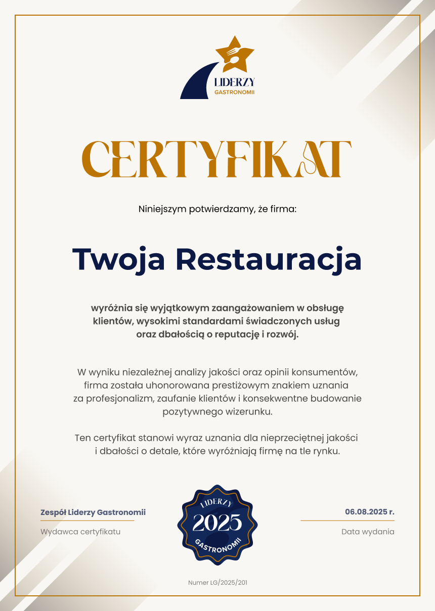 Przykład certyfikatu Liderzy Gastronomii